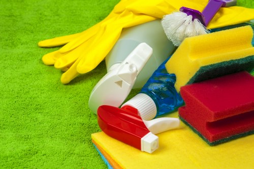 Step-by-step oven cleaning process with tools and supplies